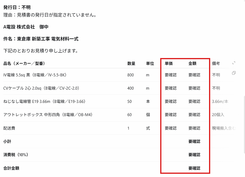 AIが作った見積書の下書き。赤枠の単価と金額の列がすべて「要確認」になっている