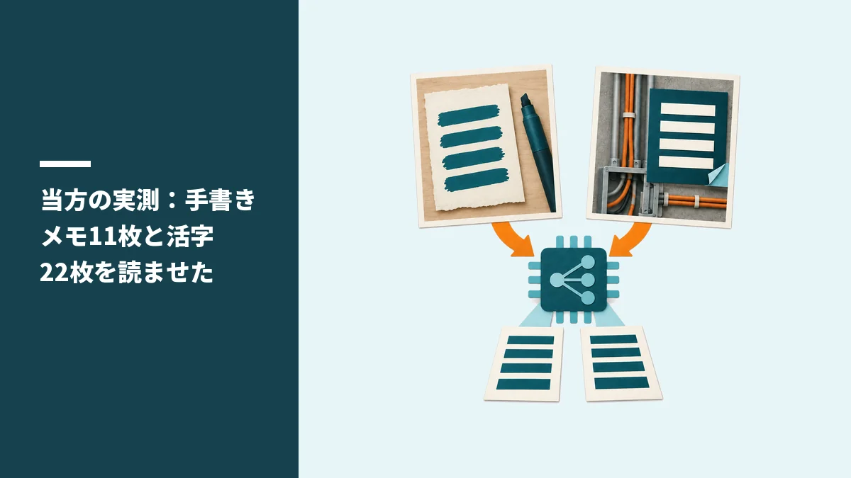 当方の実測:手書きメモ11枚と活字22枚を読ませた