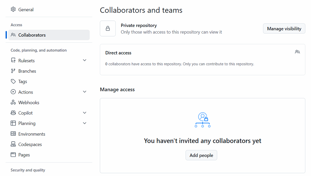 招待する前のCollaboratorsの画面。書き込めるのは自分だけと表示されている