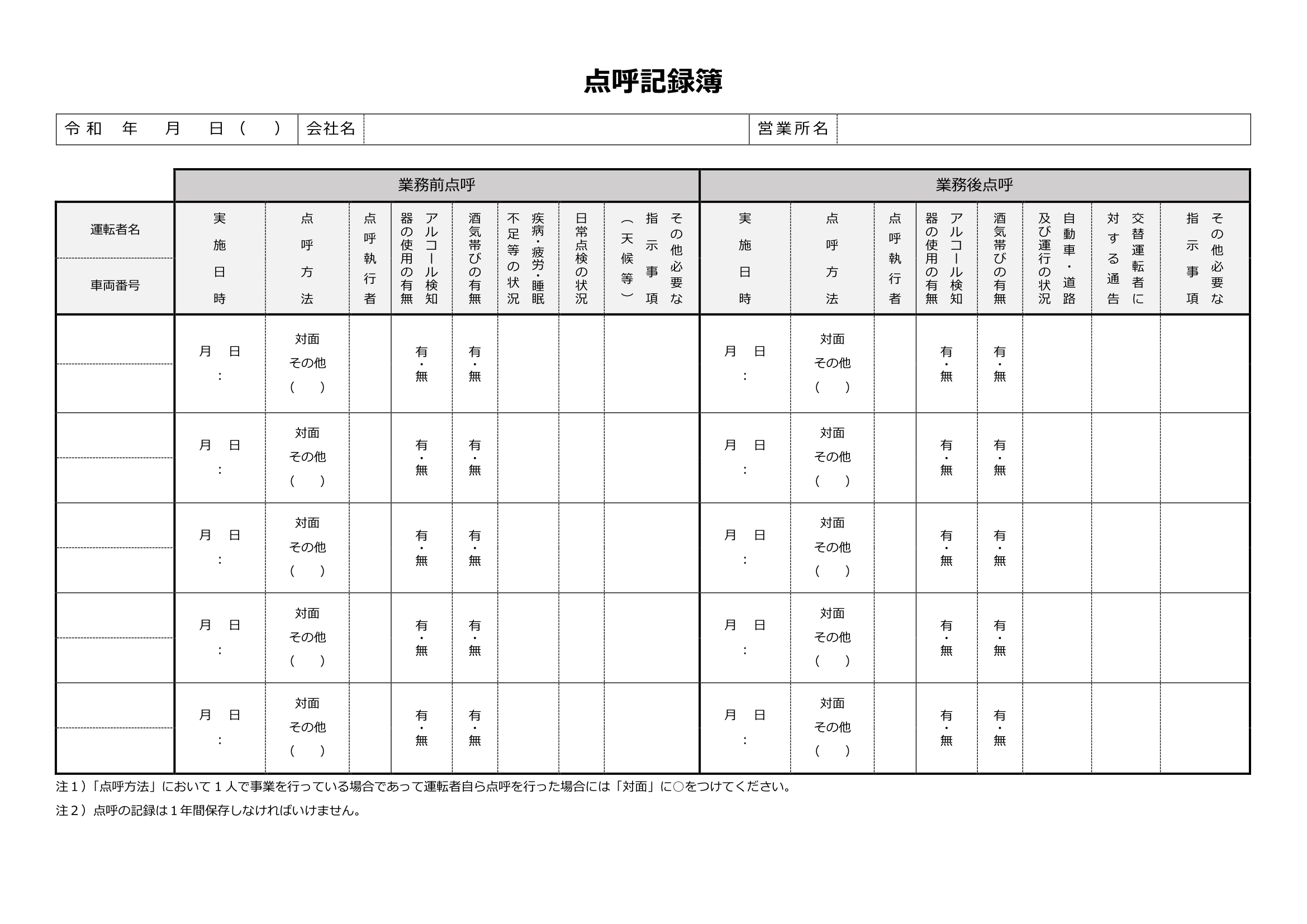 国土交通省が公開している点呼記録簿の様式の例。業務前点呼と業務後点呼で記入欄が分かれ、アルコールは検知器の使用と酒気帯びの有無を有無で記録する