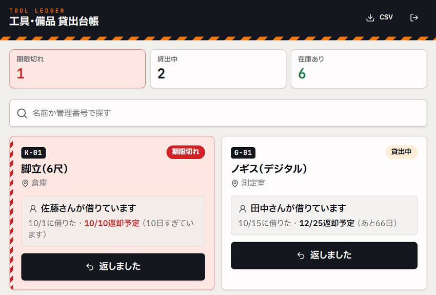Lovableが作った工具・備品の貸出台帳の一覧。左上に英語の見出し「TOOL LEDGER」が出ている