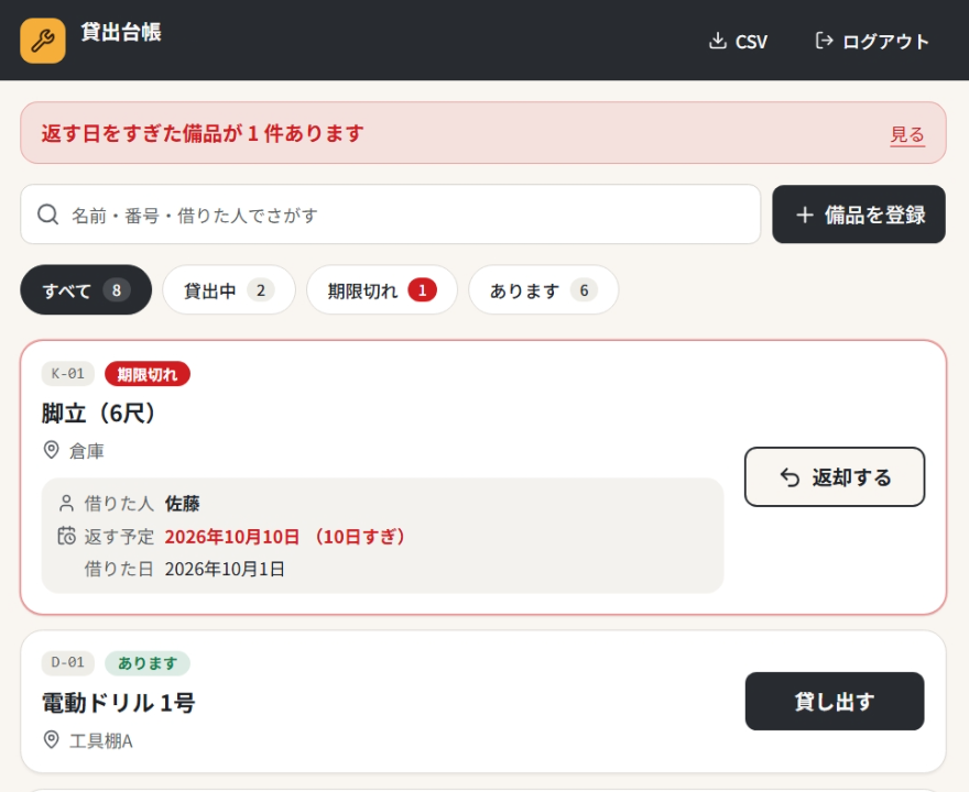 v0が作った貸出台帳の一覧。返す日をすぎた備品の知らせと、すべて・貸出中・期限切れ・ありますの絞り込み